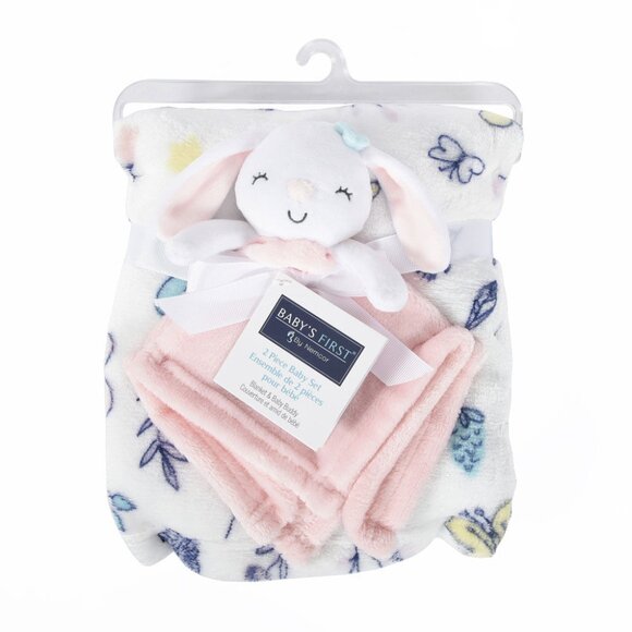 Pink Bunny Rabbit Security Blanket Flowers 2 Piece Set Baby's First Nemcor Buddy - Picture 1 of 3